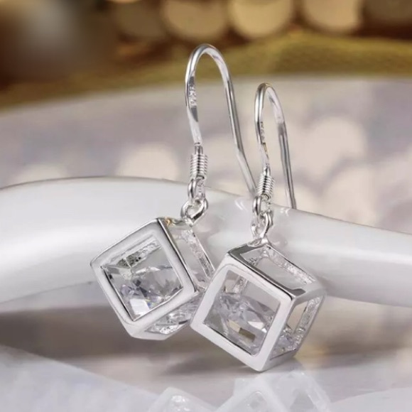 New Sterling Silver Diamond Hollow Cube Earrings - Picture 2 of 4